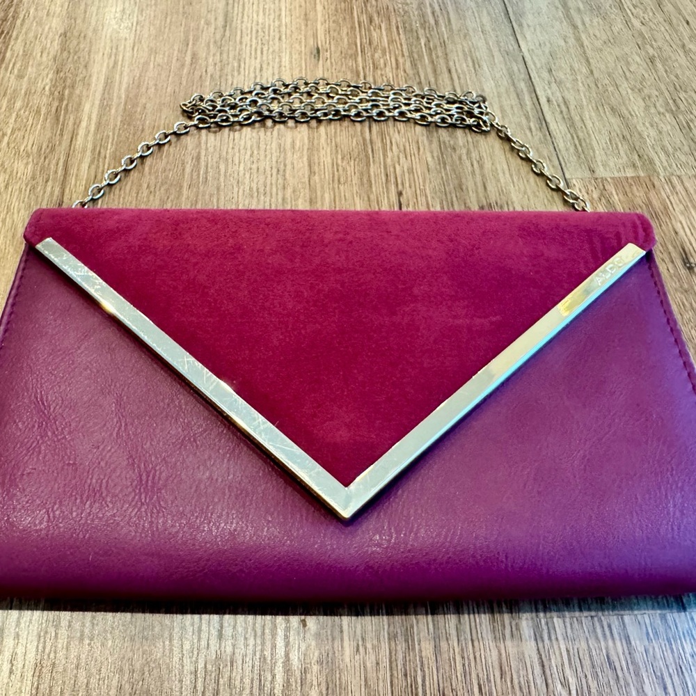 ALDO Magenta Clutch Bag with Chain Strap, Metal Trim, Detachable Shoulder Strap